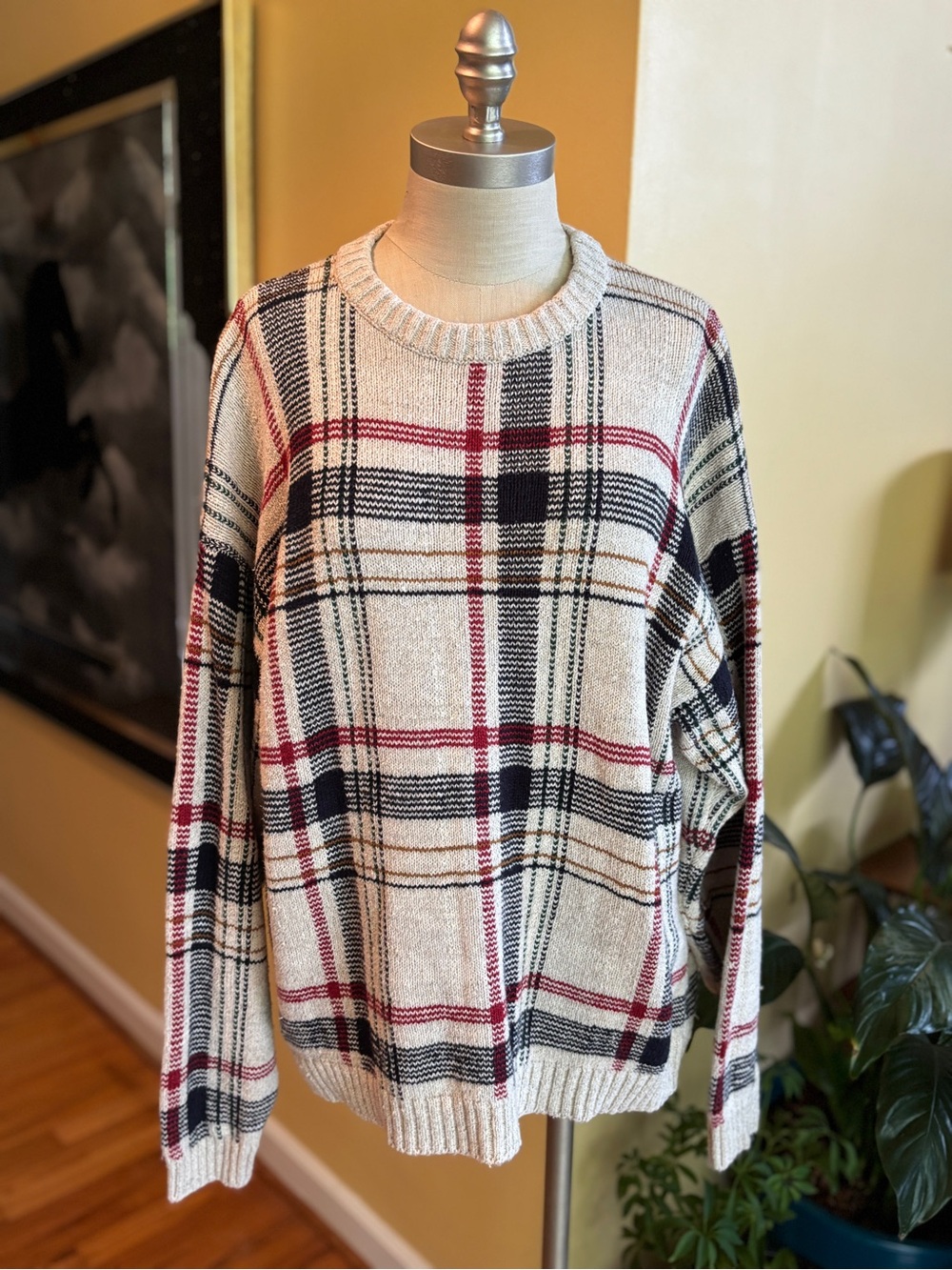 vintage chaps ralph lauren cotton and linen blend plaid pullover sweater
